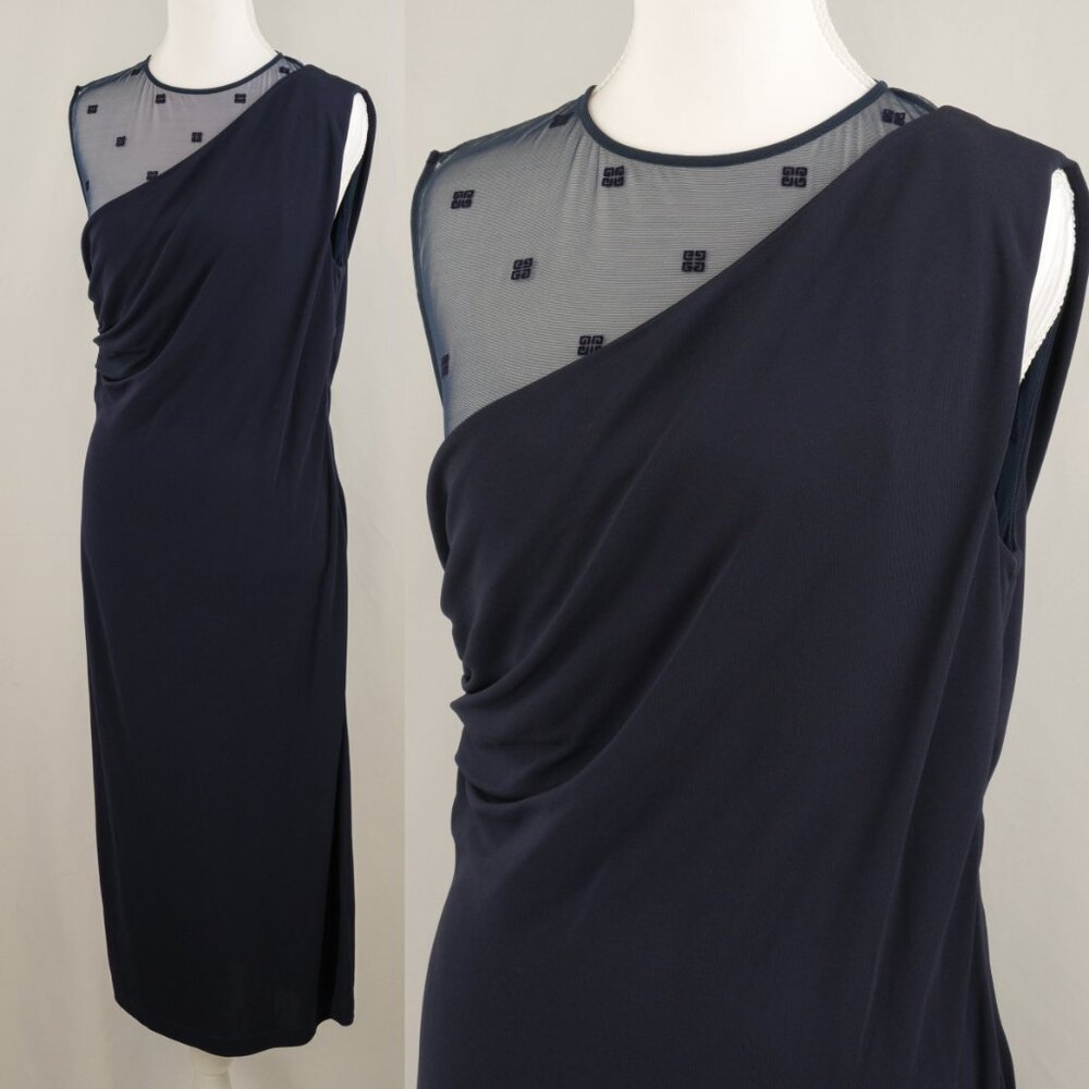 Givenchy 4G Tulle Sleeveless Draped Midi Dress, Navy Blue, Size US 4